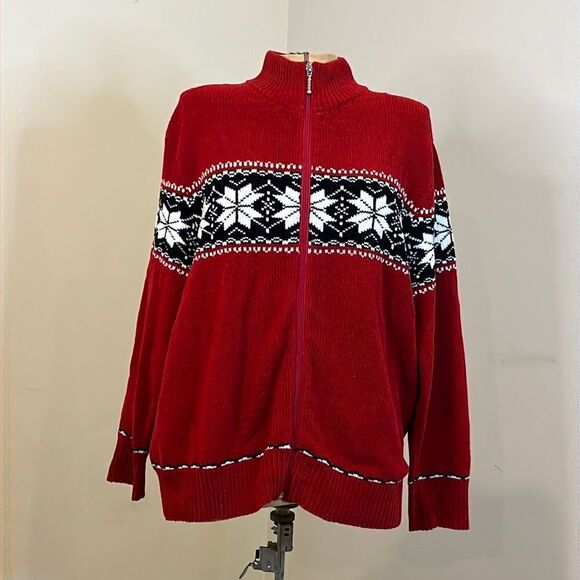 Dress Barn Snowflake Print Zip Front Acrylic Cardigan Sweater - Size 14/16 - Picture 1 of 12